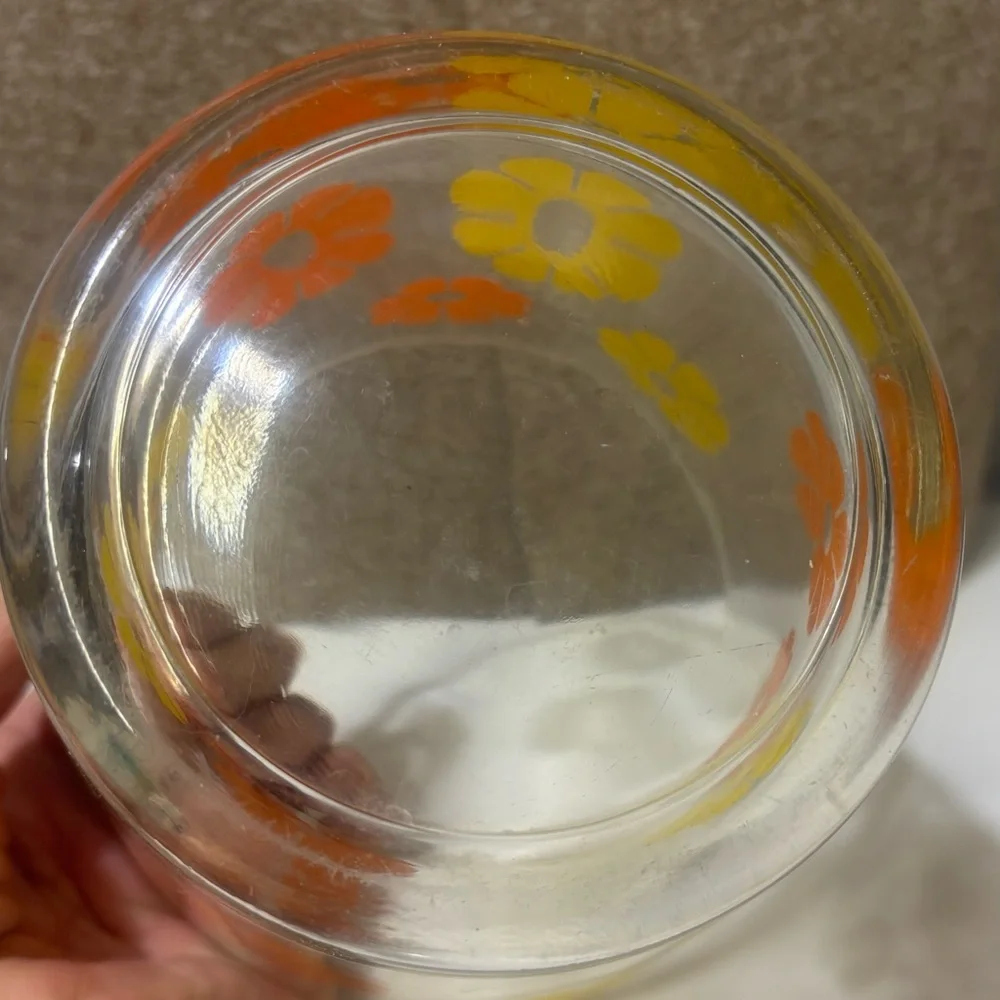 Vintage 1970’s Retro Floral Glass Ice Bucket- Orange and Yellow Flowers